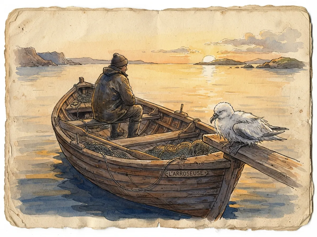 Une silhouette assise à l'arrière d'une barque, un oiseau marin épuisé posé tout près sur le plat-bord