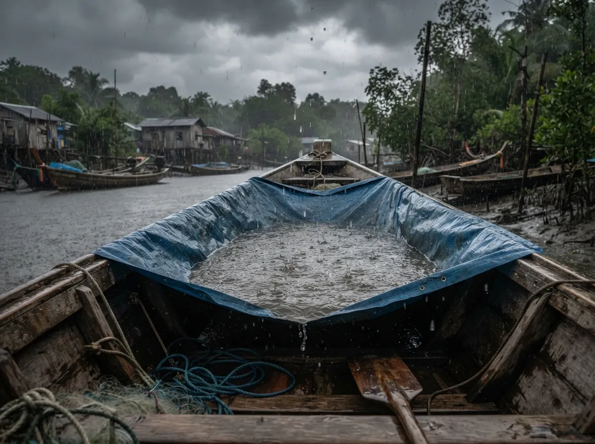 Une bâche tendue en cuvette sur une barque, remplie d'eau de pluie, sous un ciel gris chargé