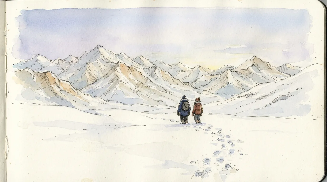 Deux silhouettes s'éloignent à pied dans une immensité de neige, vues de dos, montagnes à l'infini