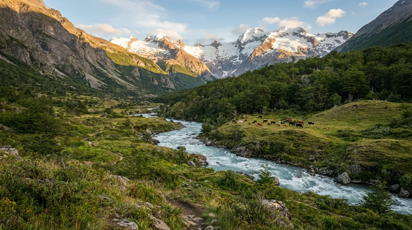Une vallée andine verdoyante avec une rivière encaissée et du bétail au loin, versant chilien