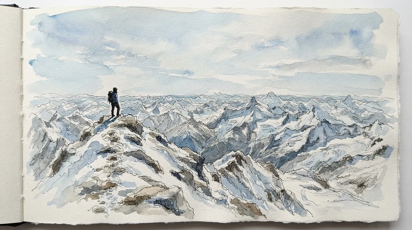 Une silhouette au sommet d'une crête regarde un horizon de montagnes enneigées à l'infini, aucune trace de vallée verte