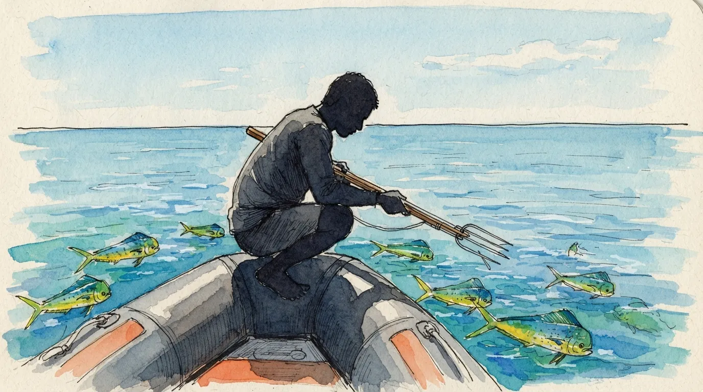 Une silhouette accroupie sur un radeau de survie tend un harpon de fortune vers l'eau où nagent des dorades coryphènes