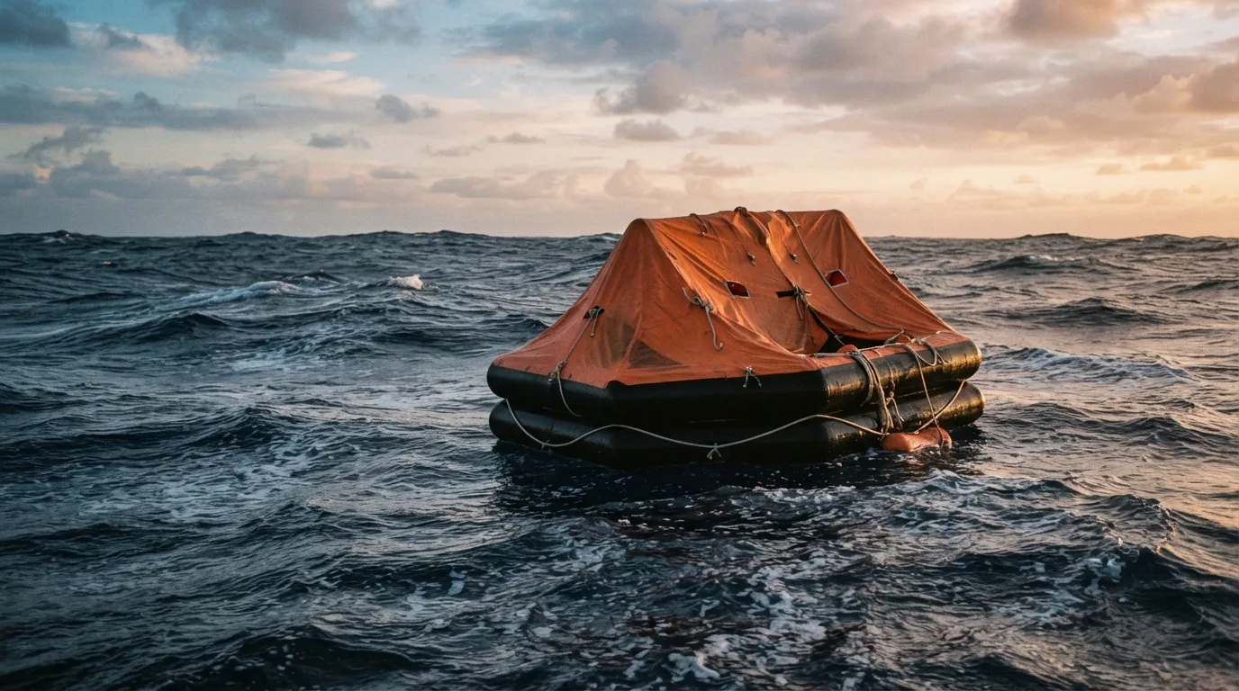 Un radeau de survie pneumatique orange et noir, vu de près, flottant sur une mer agitée