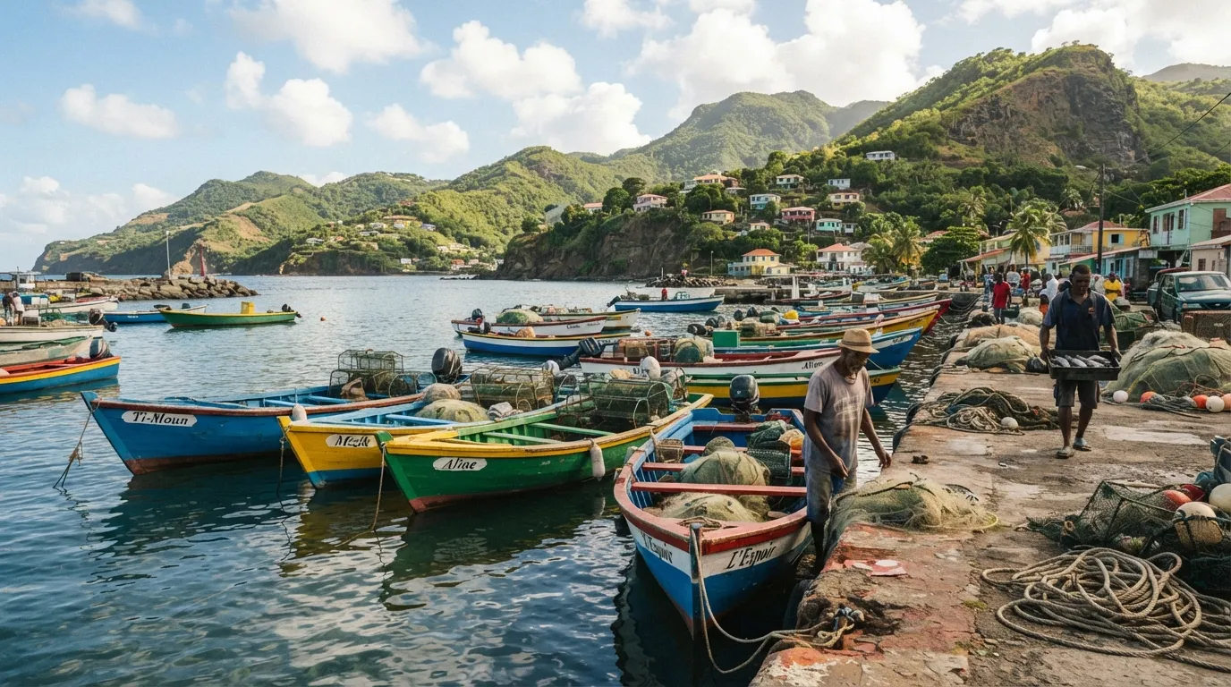 Un petit port de pêche antillais avec des barques colorées amarrées, vue depuis la mer