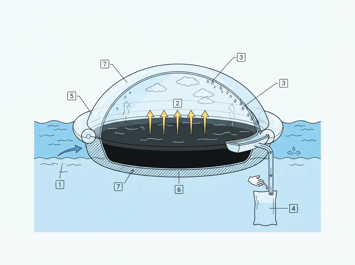 Schéma en coupe d'un alambic solaire gonflable flottant, montrant l'évaporation et la condensation de l'eau de mer