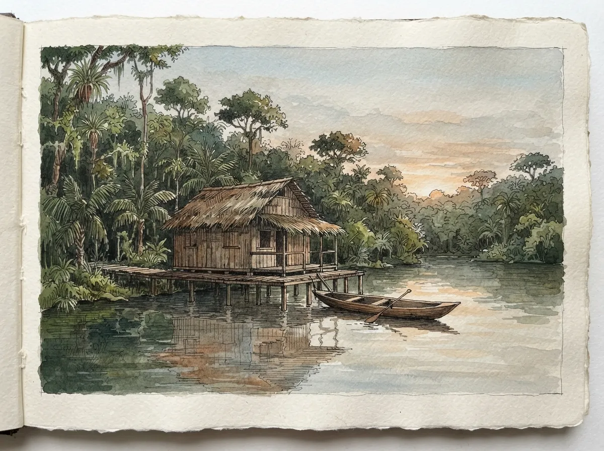 Un petit lodge en bois sur pilotis au bord d'un lac forestier entouré de jungle amazonienne dense