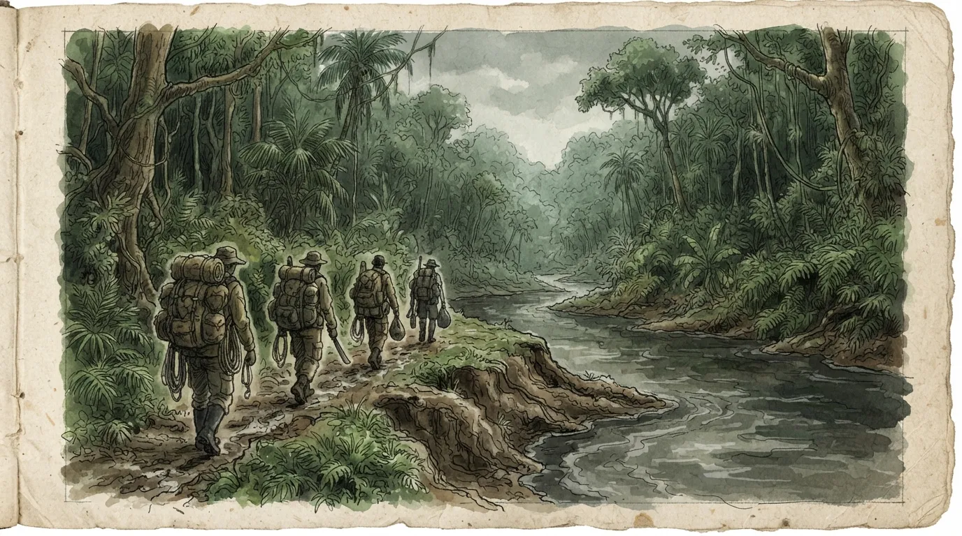 Quatre silhouettes avec des sacs à dos avancent le long d'un fleuve boueux bordé de jungle épaisse