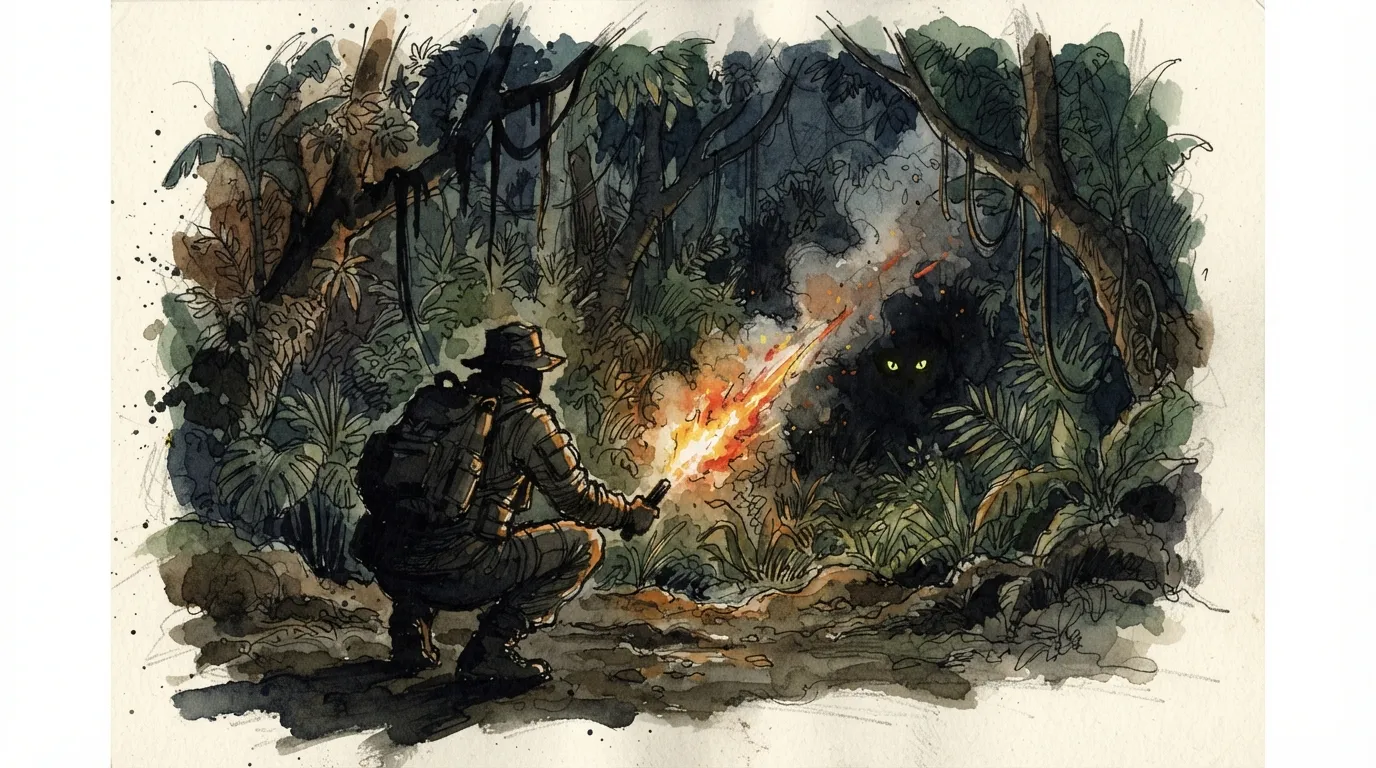 Deux yeux qui brillent à la lisière d'un feu de fortune dans la jungle nocturne, un jet de flamme improvisé les repousse