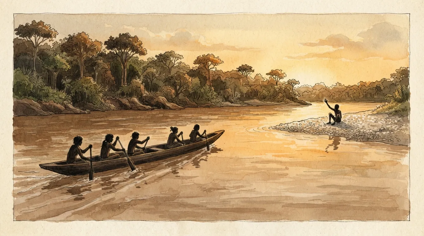 Une pirogue avec plusieurs silhouettes avance sur une large rivière vers une silhouette amaigrie assise sur la berge