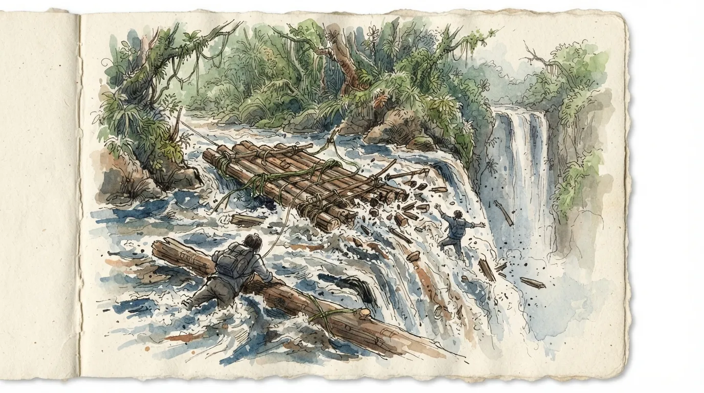 Un radeau de bois se brise dans une cascade écumante, deux silhouettes séparées par le courant