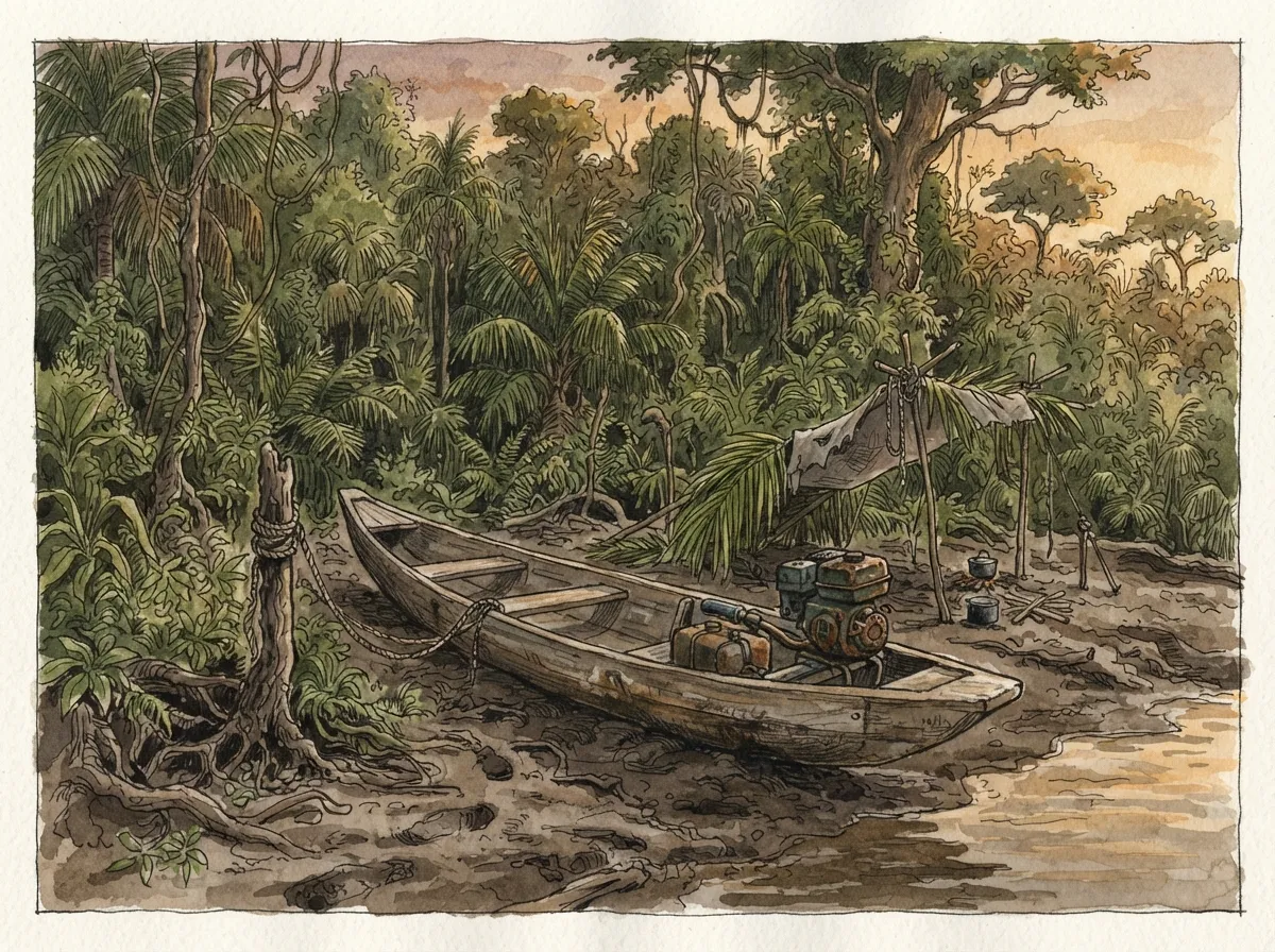 Un vieux canot de bois et un moteur hors-bord posés sur la berge d'une rivière tropicale, à la lisière de la forêt