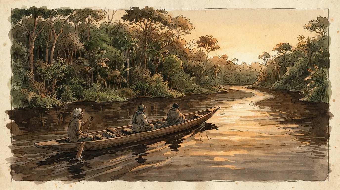 Trois silhouettes dans une pirogue avancent sur une large rivière tropicale bordée de forêt