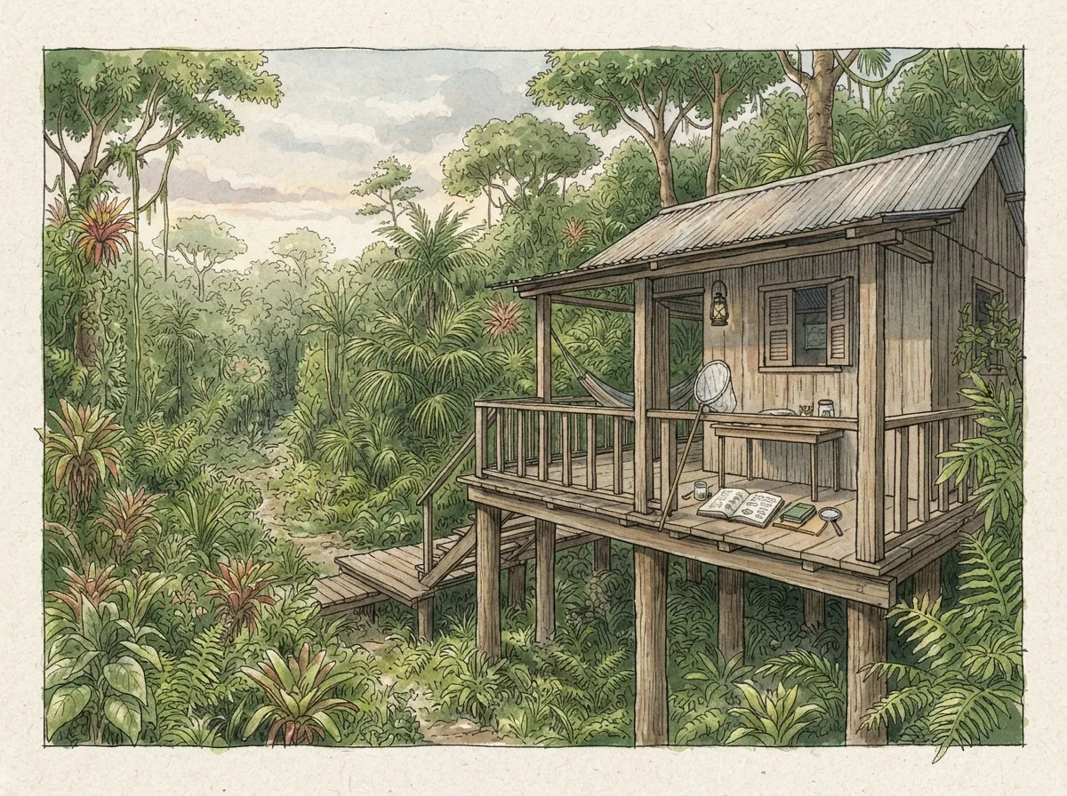 Une petite cabane de recherche sur pilotis en lisière de forêt tropicale, filet à papillons et carnets sur la véranda