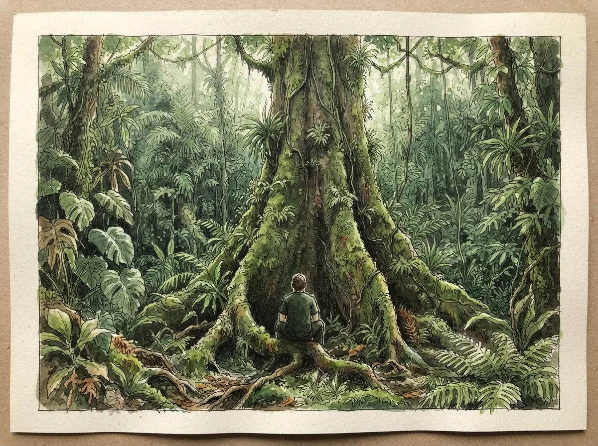 Une silhouette assise seule au pied d'un grand arbre tropical, entourée de fougères et de lianes