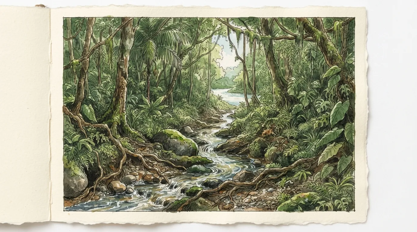 Un mince filet d'eau entre les racines d'une forêt tropicale, qui s'élargit vers l'horizon en rivière