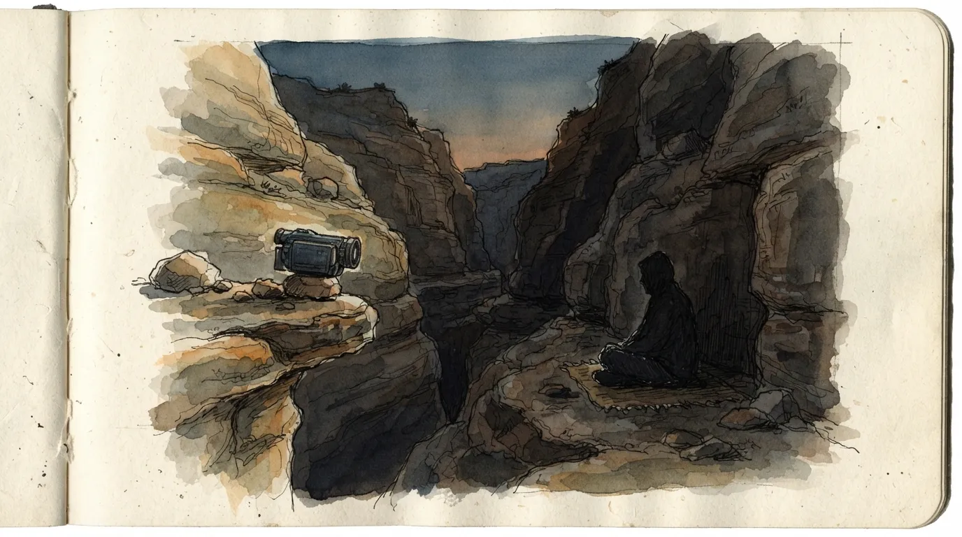 Une petite caméra posée sur une pierre filme une silhouette assise contre la paroi d'un canyon, dans la pénombre