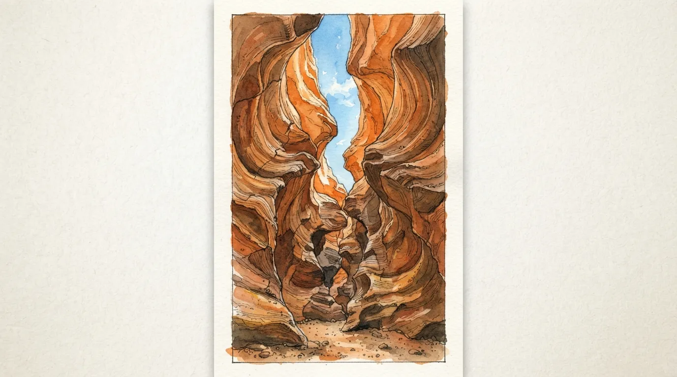 Vue depuis le fond d'un canyon en slot très étroit vers le ciel, parois de grès orangé sculptées par l'eau