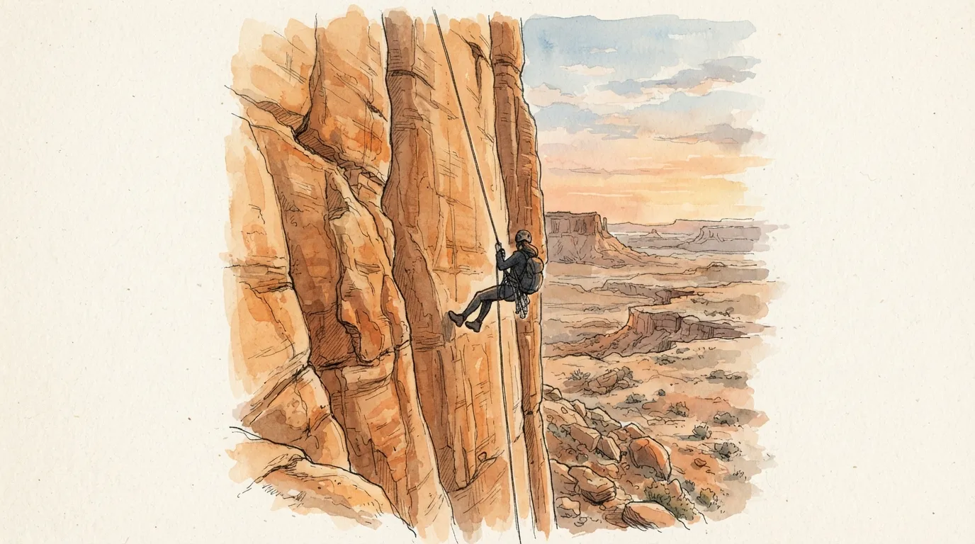 Une silhouette descend en rappel le long d'une paroi de grès verticale, une seule main sur la corde