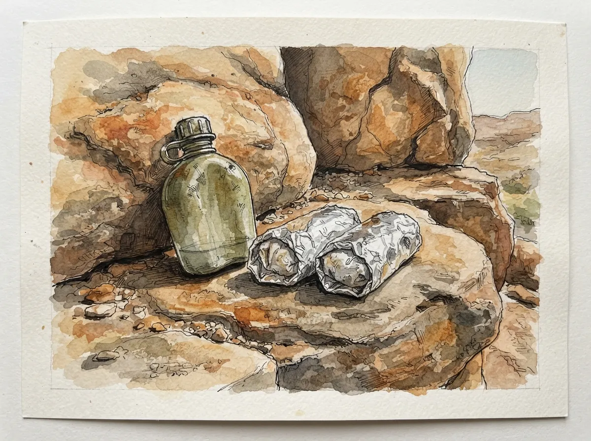 Une gourde presque vide et deux burritos emballés posés sur un rocher, dans la pénombre d'un canyon