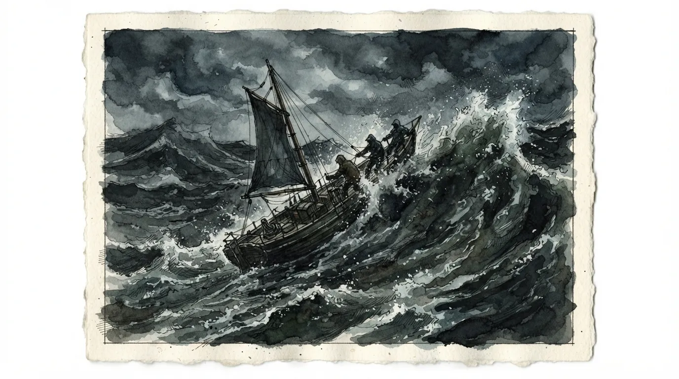 Un petit canot à voile grimpe une vague énorme au milieu de l'océan Austral, six silhouettes à bord