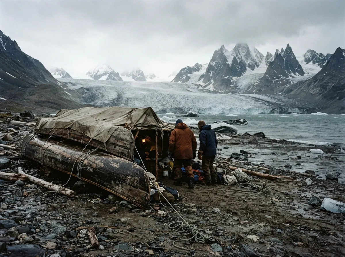 Un abri fait de deux canots retournés sur une plage de galets étroite, glacier et pics en arrière-plan