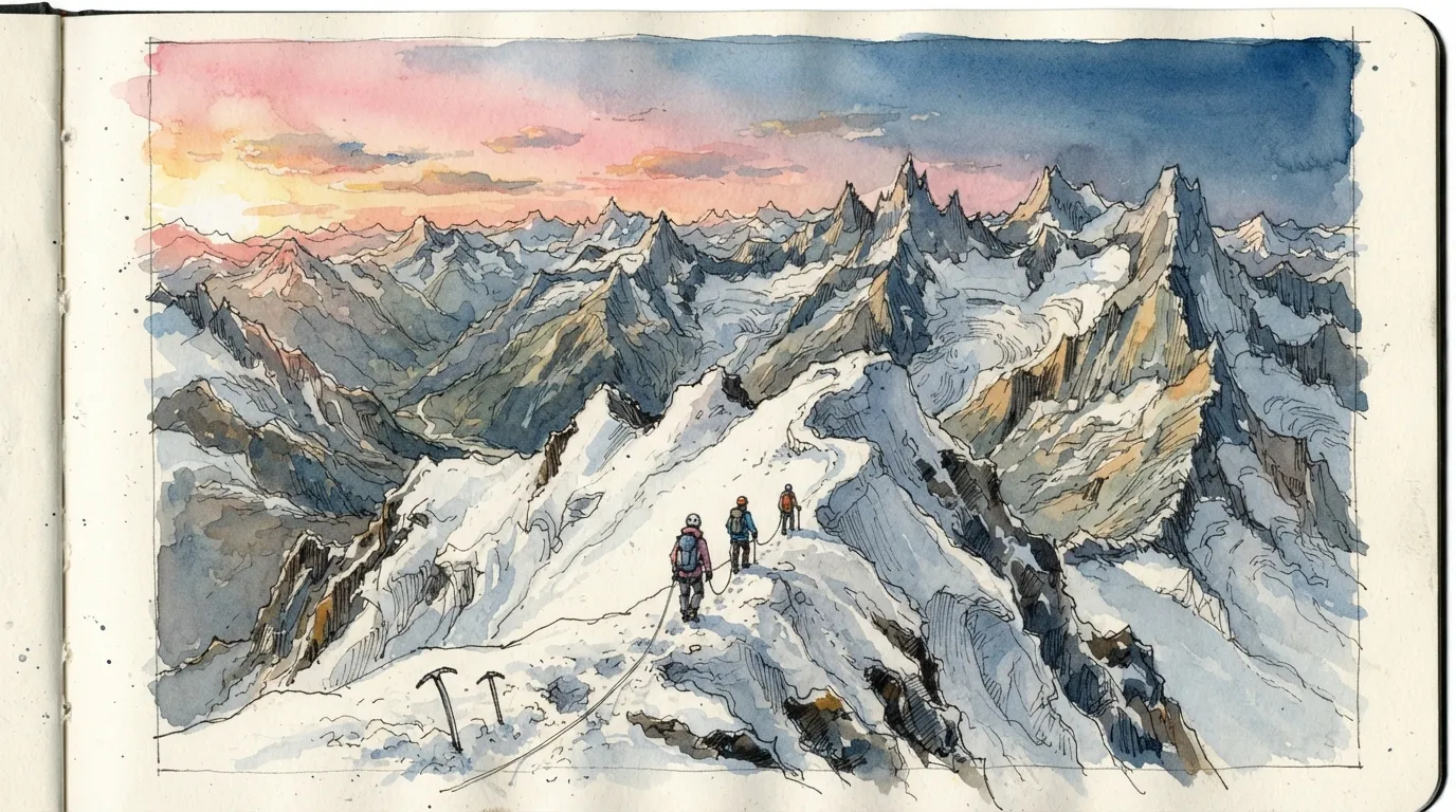 Trois silhouettes encordées traversent une crête de neige à l'aube, montagnes de Géorgie du Sud à perte de vue