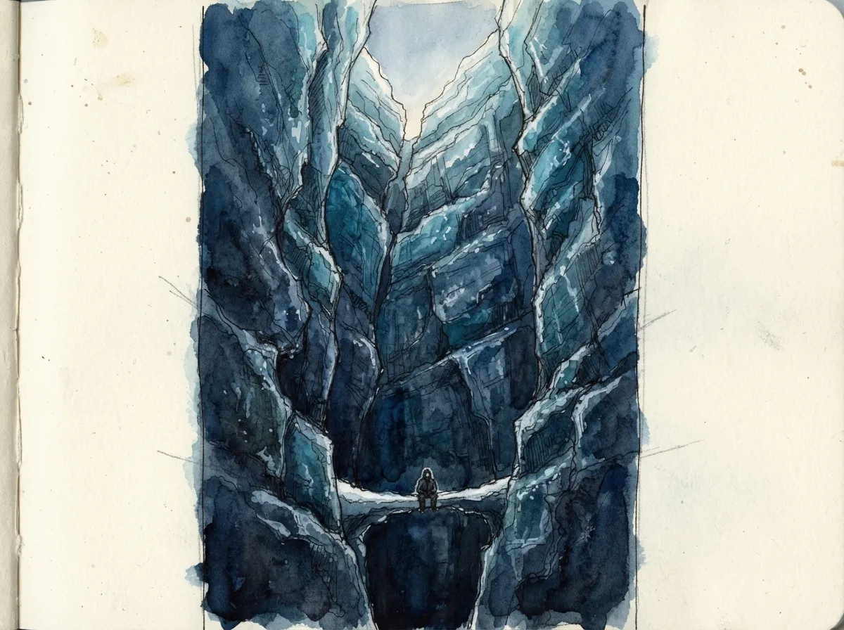 Vue depuis l'intérieur d'une crevasse glaciaire, parois bleutées, un mince rai de lumière tout en haut, une silhouette minuscule au fond