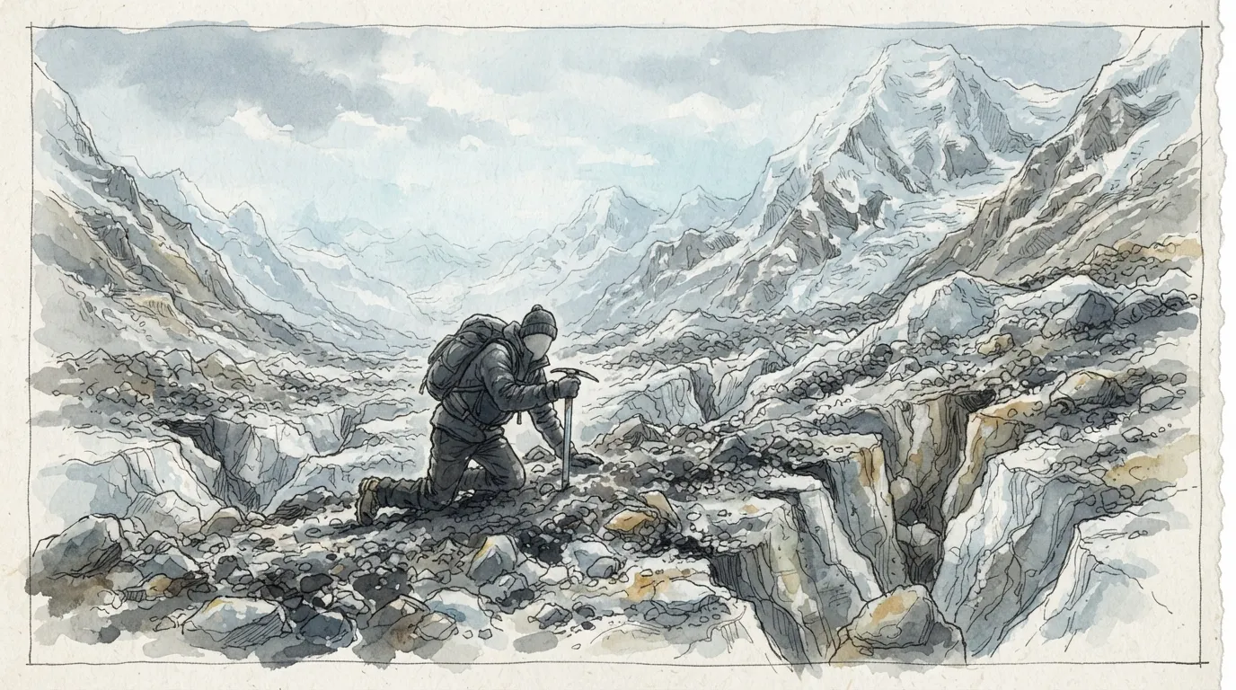 Une silhouette solitaire rampe sur un glacier crevassé, appuyée sur un piolet, montagnes enneigées en arrière-plan