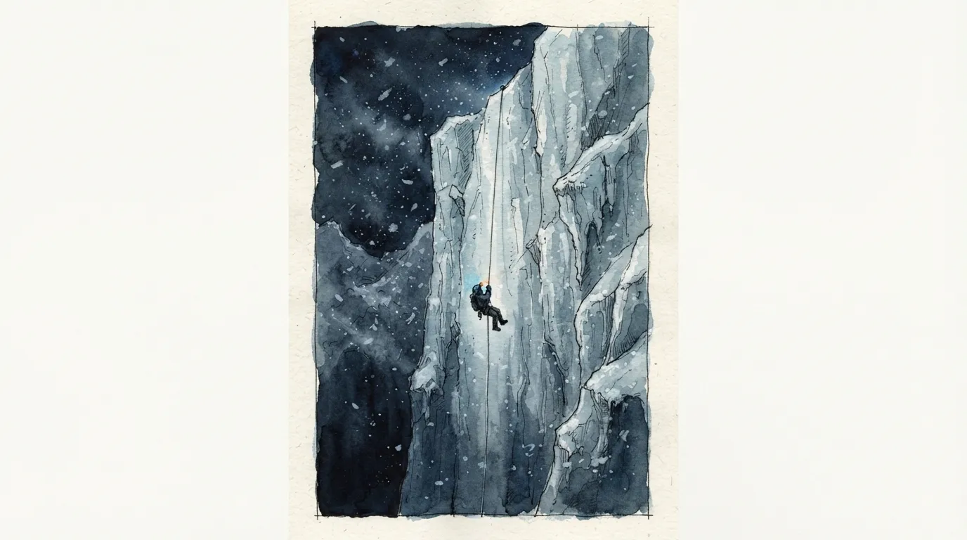 Une petite silhouette pend au bout d'une corde tendue dans le vide, au-dessus d'une paroi de glace, dans la nuit et la neige