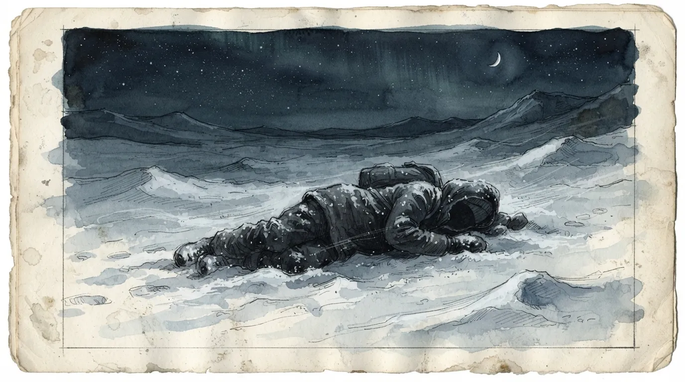 Une silhouette allongée immobile dans la neige battue par le vent, la nuit, à peine visible sous une fine couche de poudreuse