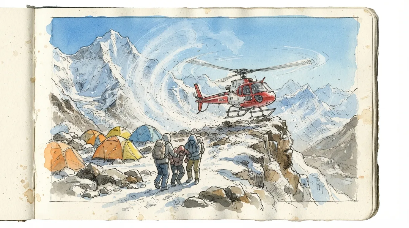 Un petit hélicoptère se pose sur une étroite plateforme rocheuse et enneigée entre des tentes de haute altitude, silhouettes qui s'approchent