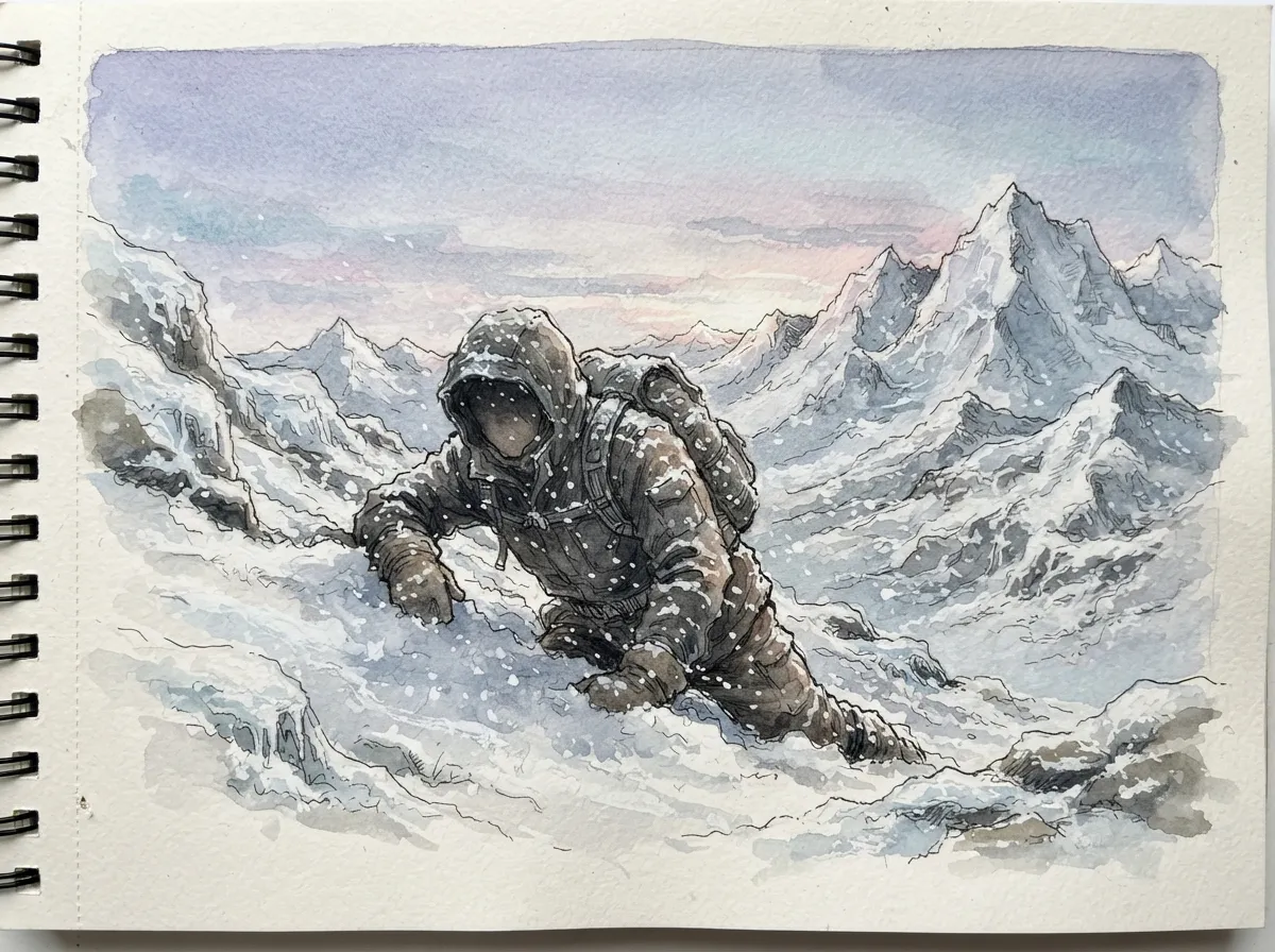 Une silhouette à demi recouverte de neige se redresse péniblement sur un coude, au lever du jour, dans un paysage de haute montagne