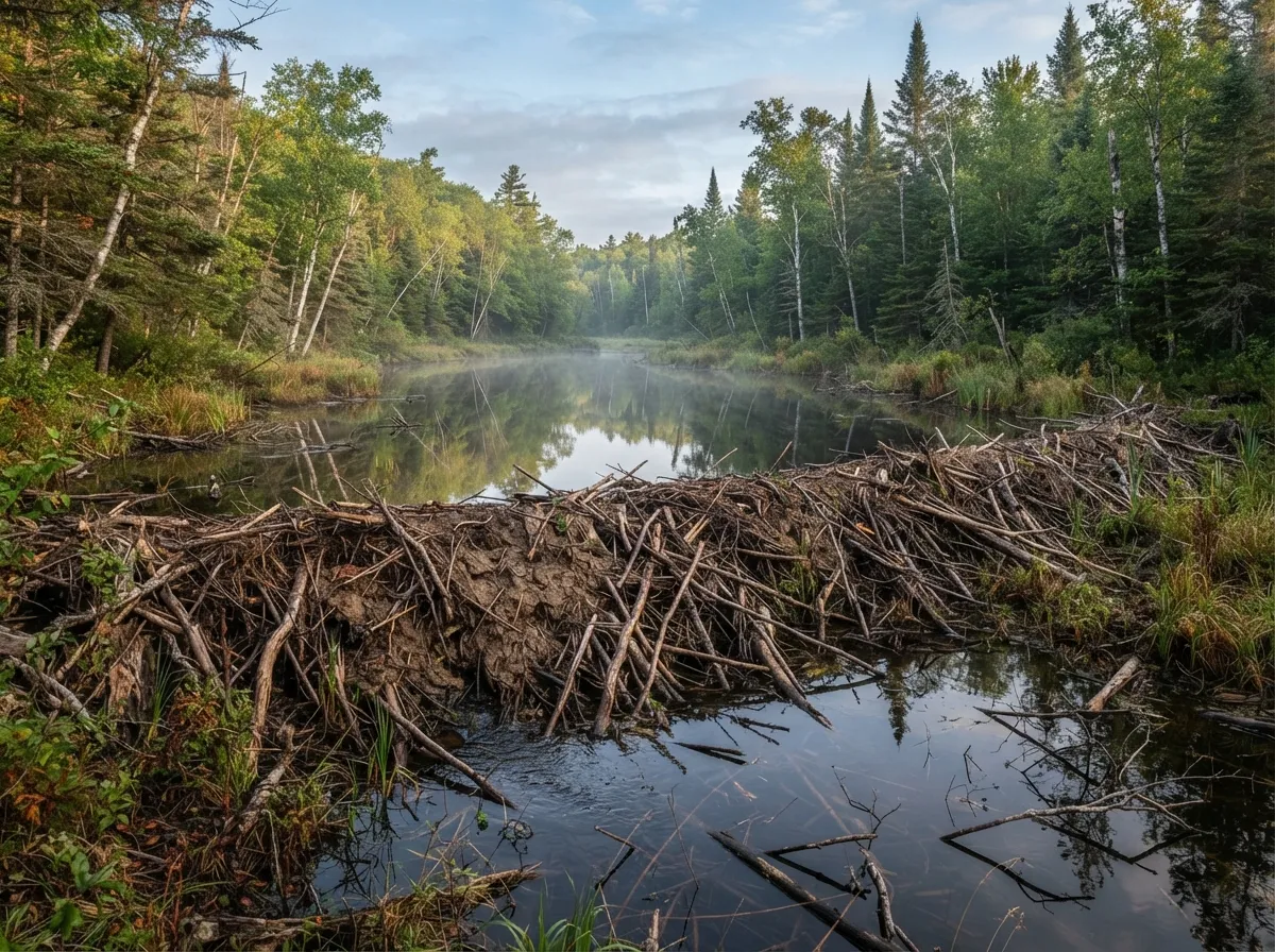 Un barrage de castor fait de branches et de boue, retenant un étang paisible en forêt