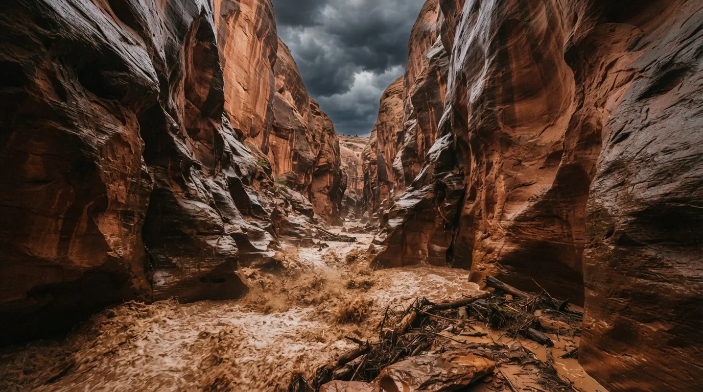 Un canyon étroit aux parois rougeâtres, avec de l'eau boueuse qui monte rapidement au fond et un ciel d'orage au loin
