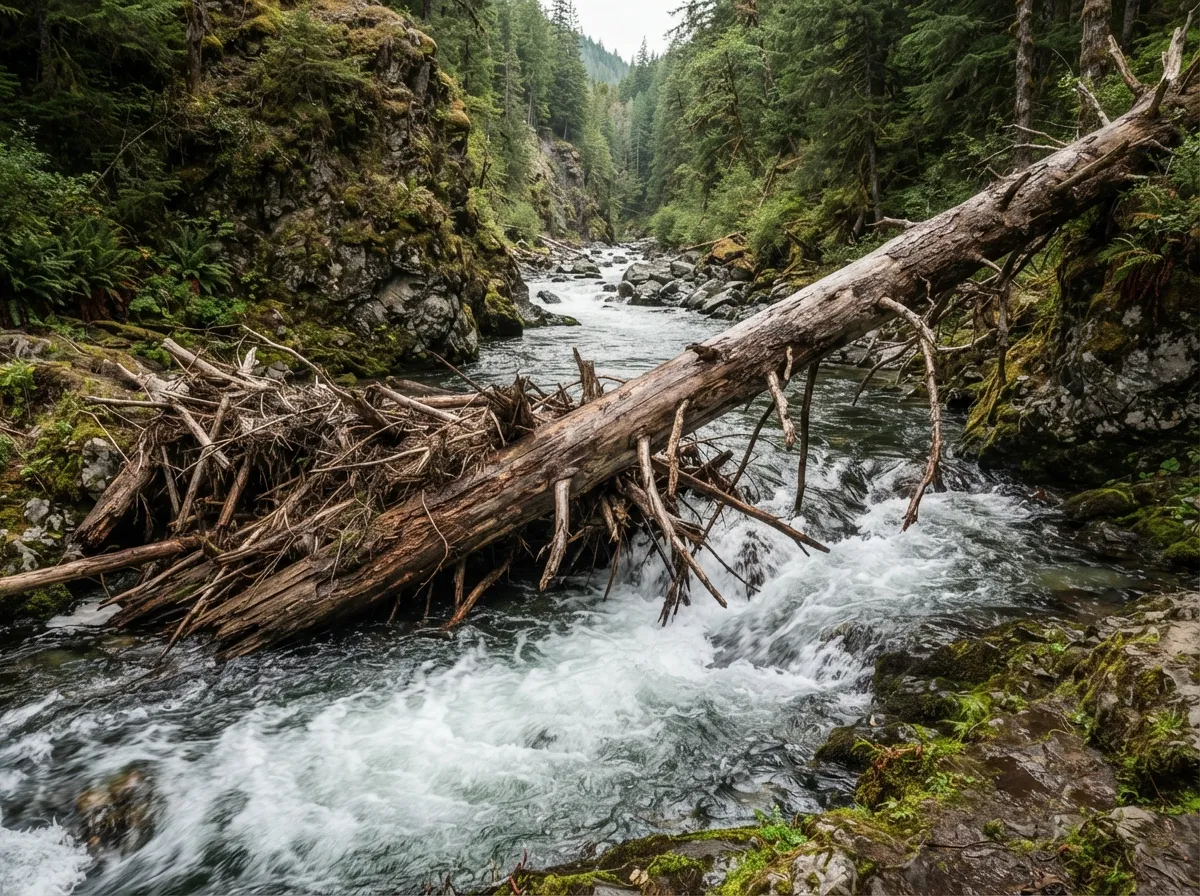 Un tronc d'arbre couché en travers d'une rivière, retenant des branches et des débris, eau qui s'accélère autour