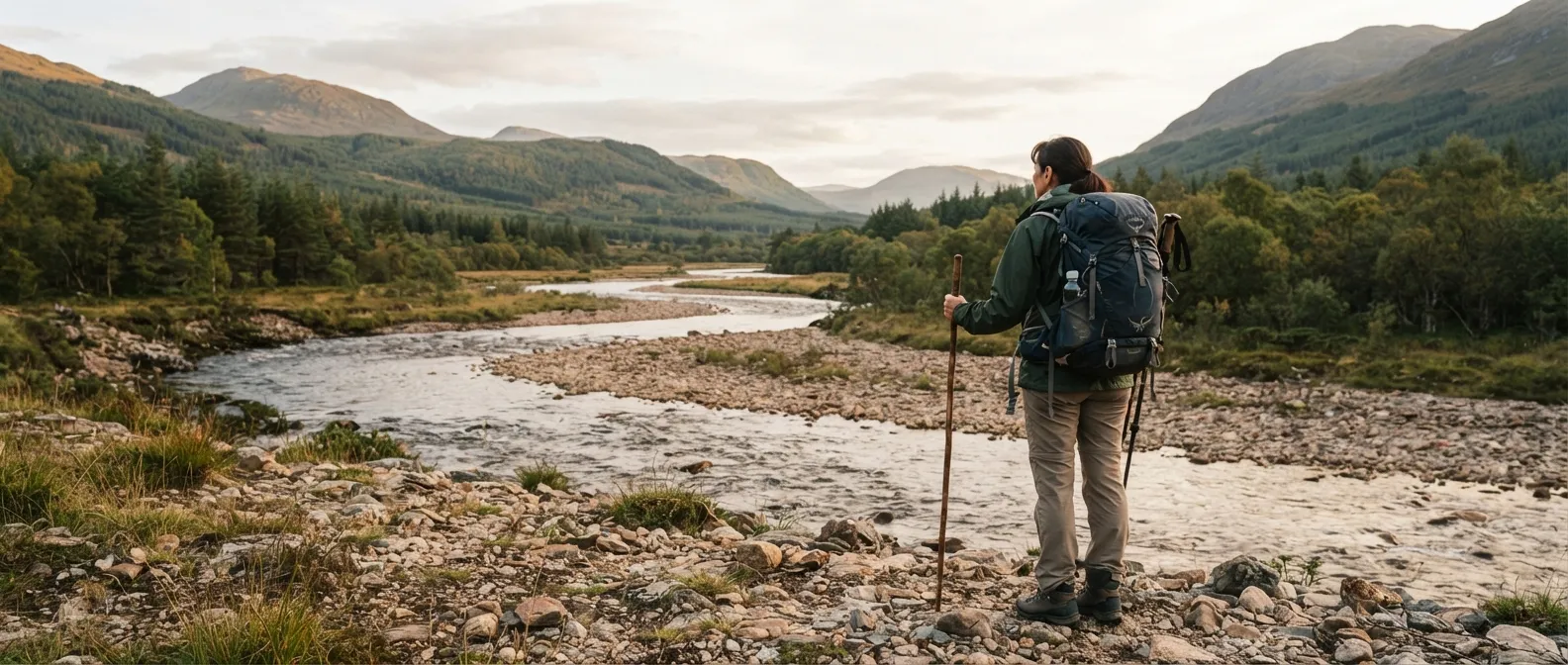 Une personne regarde depuis la berge un large gué peu profond, bâton de marche en main, une rivière qui serpente entre des collines boisées