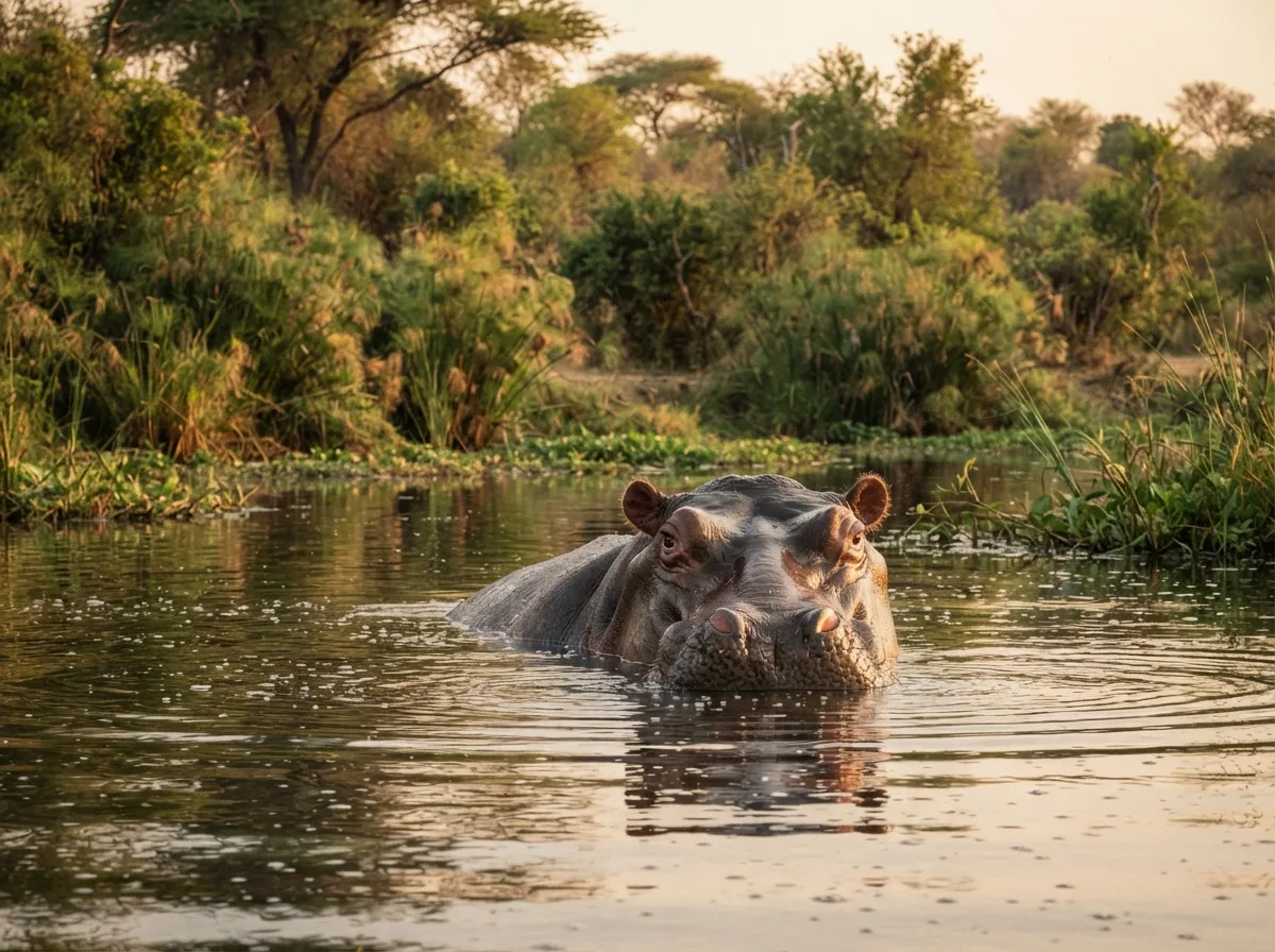 Un hippopotame immergé jusqu'aux yeux dans une rivière africaine, à faible distance de la berge