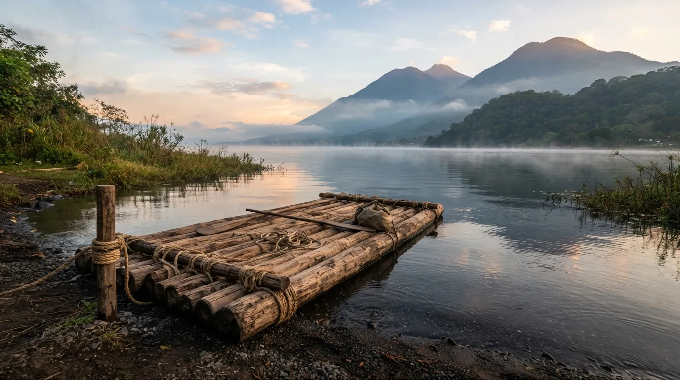 Un radeau de rondins liés avec de la corde, posé sur la rive d'un lac calme au petit matin