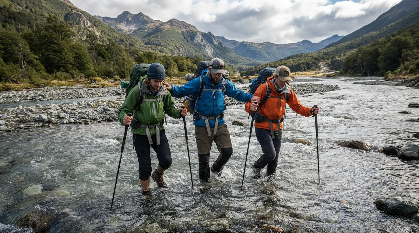 Trois randonneurs se tiennent par les épaules en formation triangulaire pour traverser une rivière peu profonde, bâtons de marche plantés dans le courant