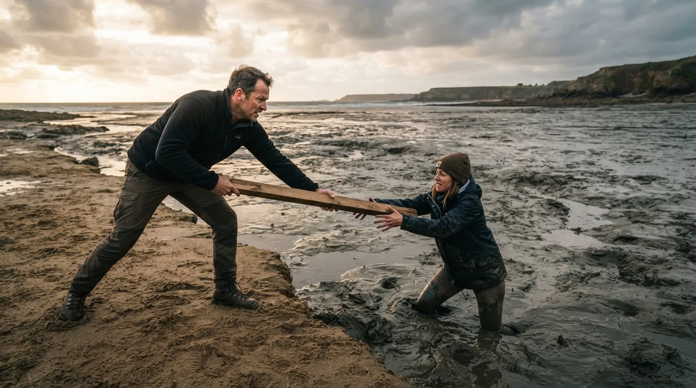 Une personne debout sur un sol ferme tend une longue planche à quelqu'un enlisé dans le sable, en gardant ses distances