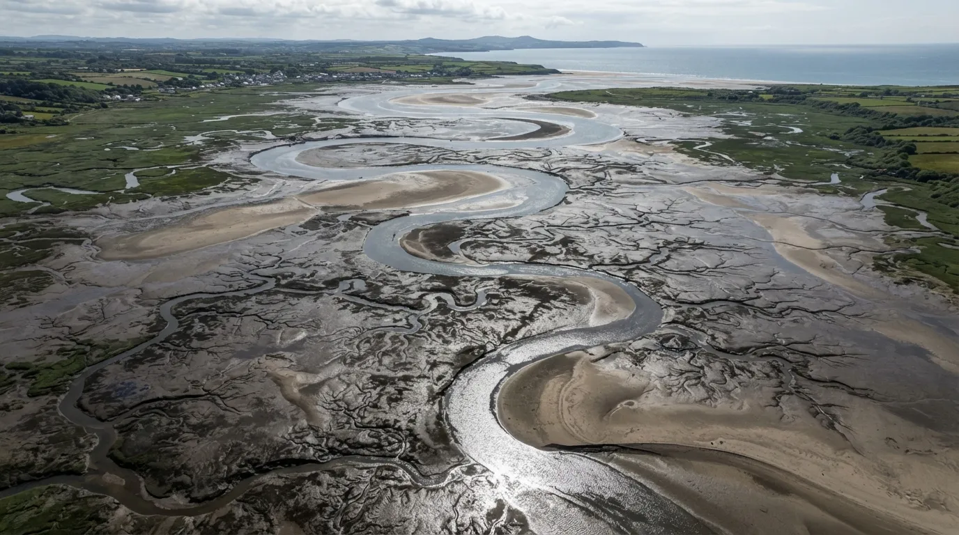 Vue aérienne d'un estuaire avec des chenaux serpentant dans la vase à marée basse