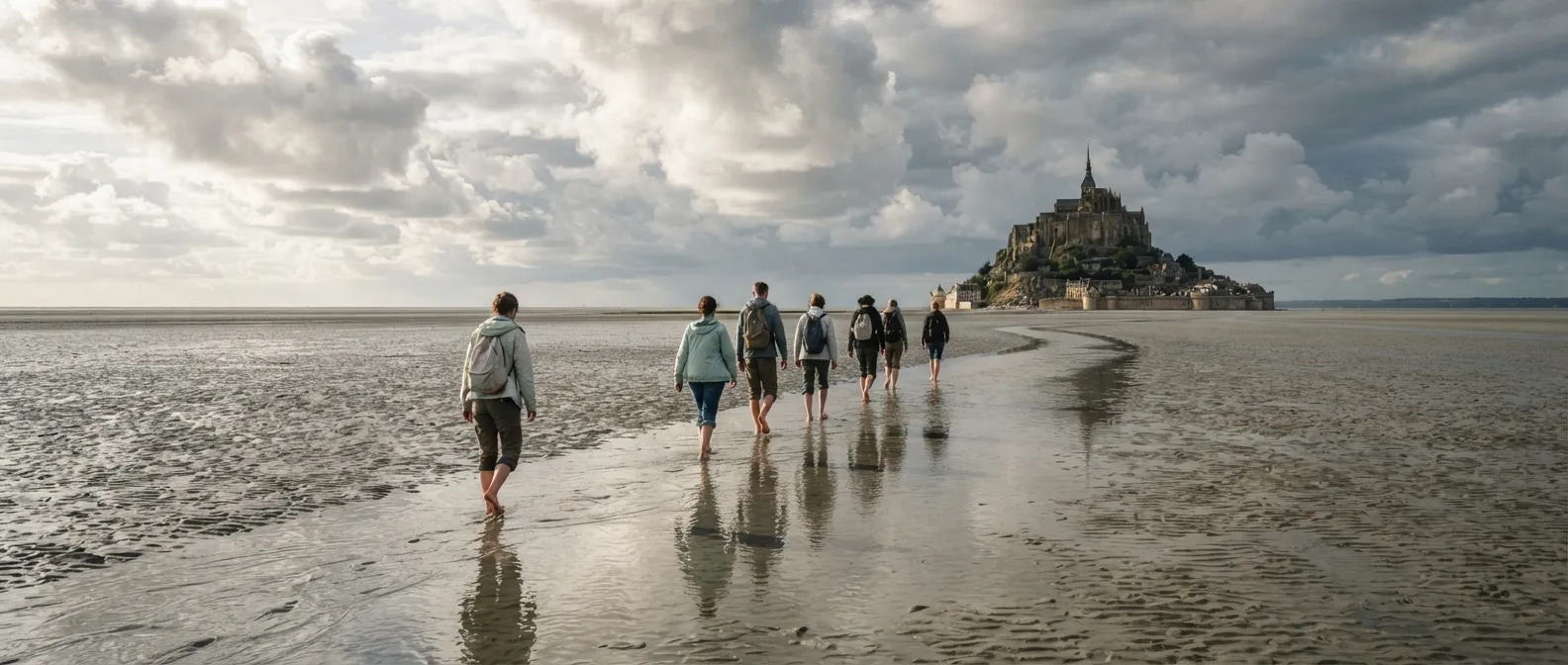 Un groupe de randonneurs marche en file sur l'immense grève de la baie du Mont-Saint-Michel, guidé, sous un ciel changeant