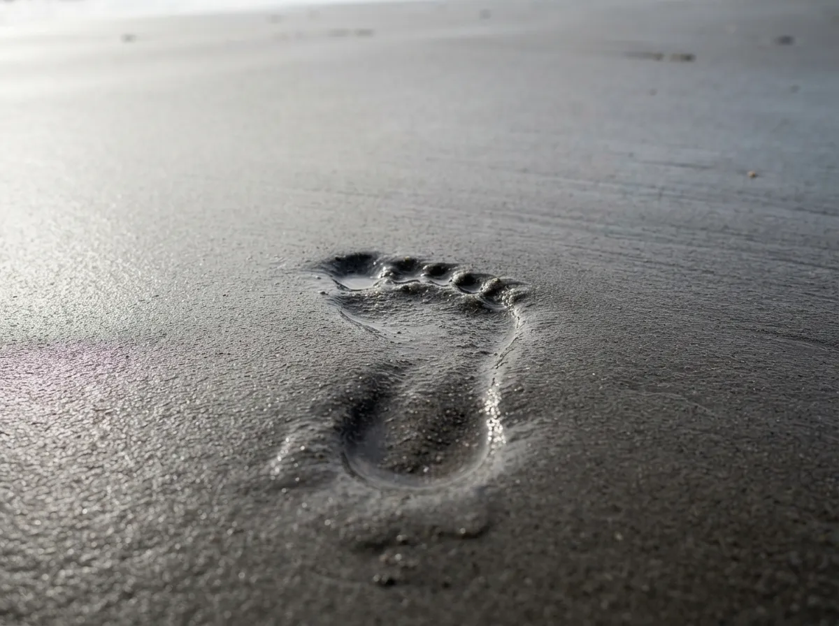 Gros plan sur une surface de sable humide qui suinte de l'eau autour d'une empreinte de pas