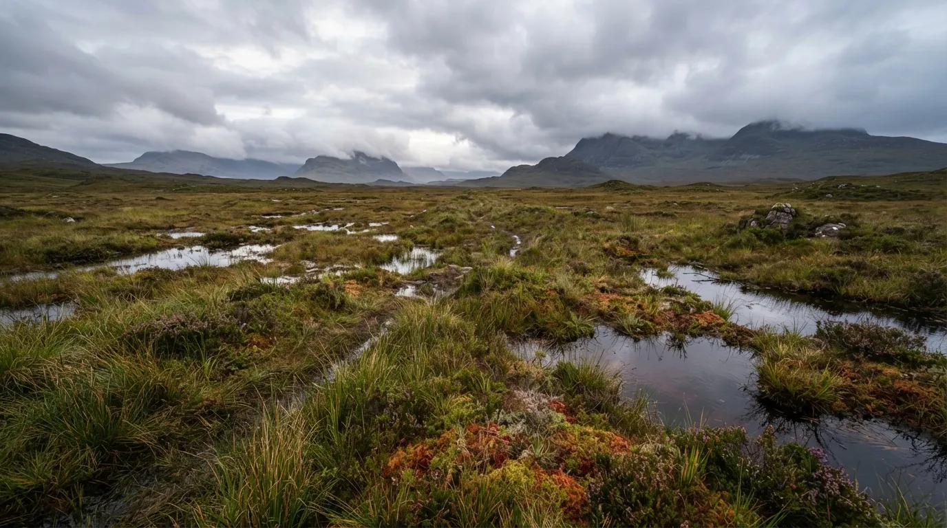 Une tourbière écossaise à perte de vue, herbes hautes et flaques d'eau brune entre des îlots de mousse