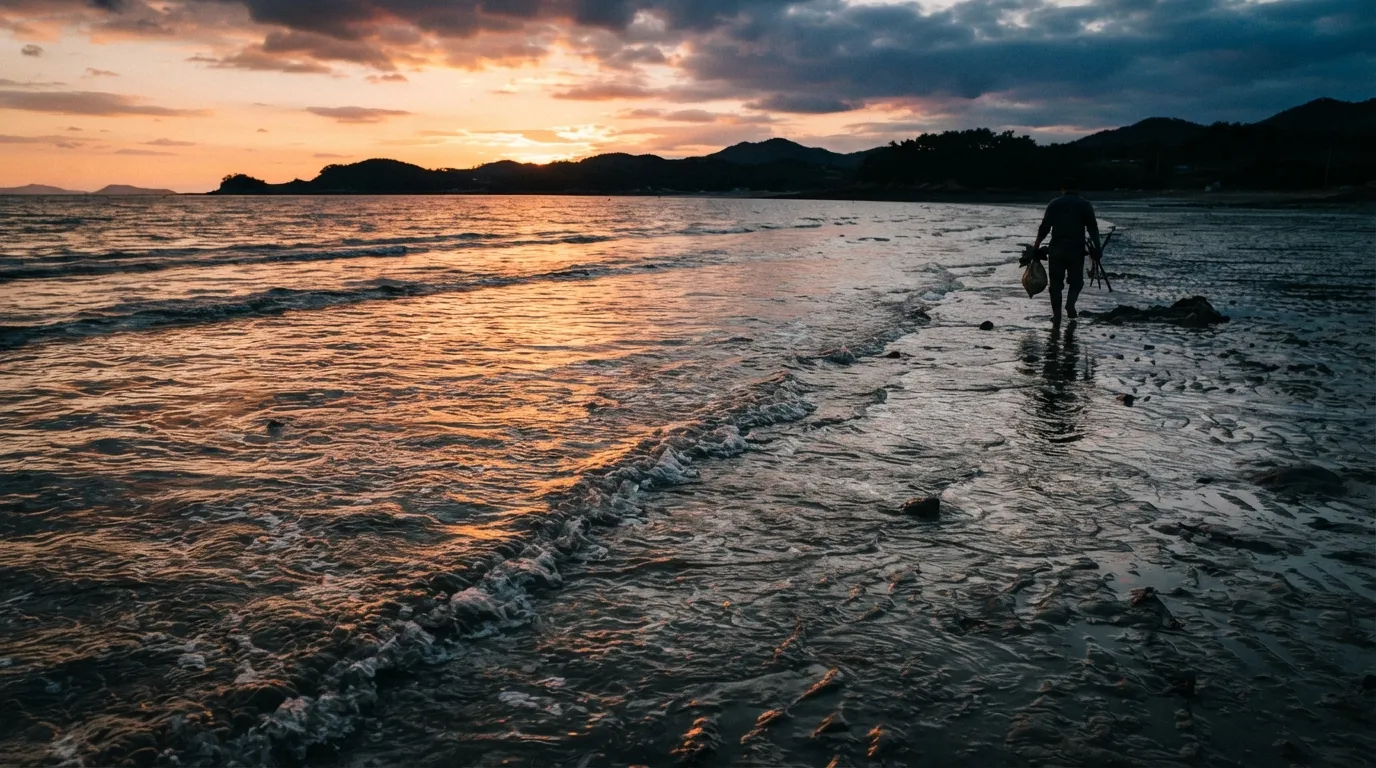 La mer qui remonte rapidement sur une vasière au coucher du soleil, laissant peu de temps pour rejoindre la côte