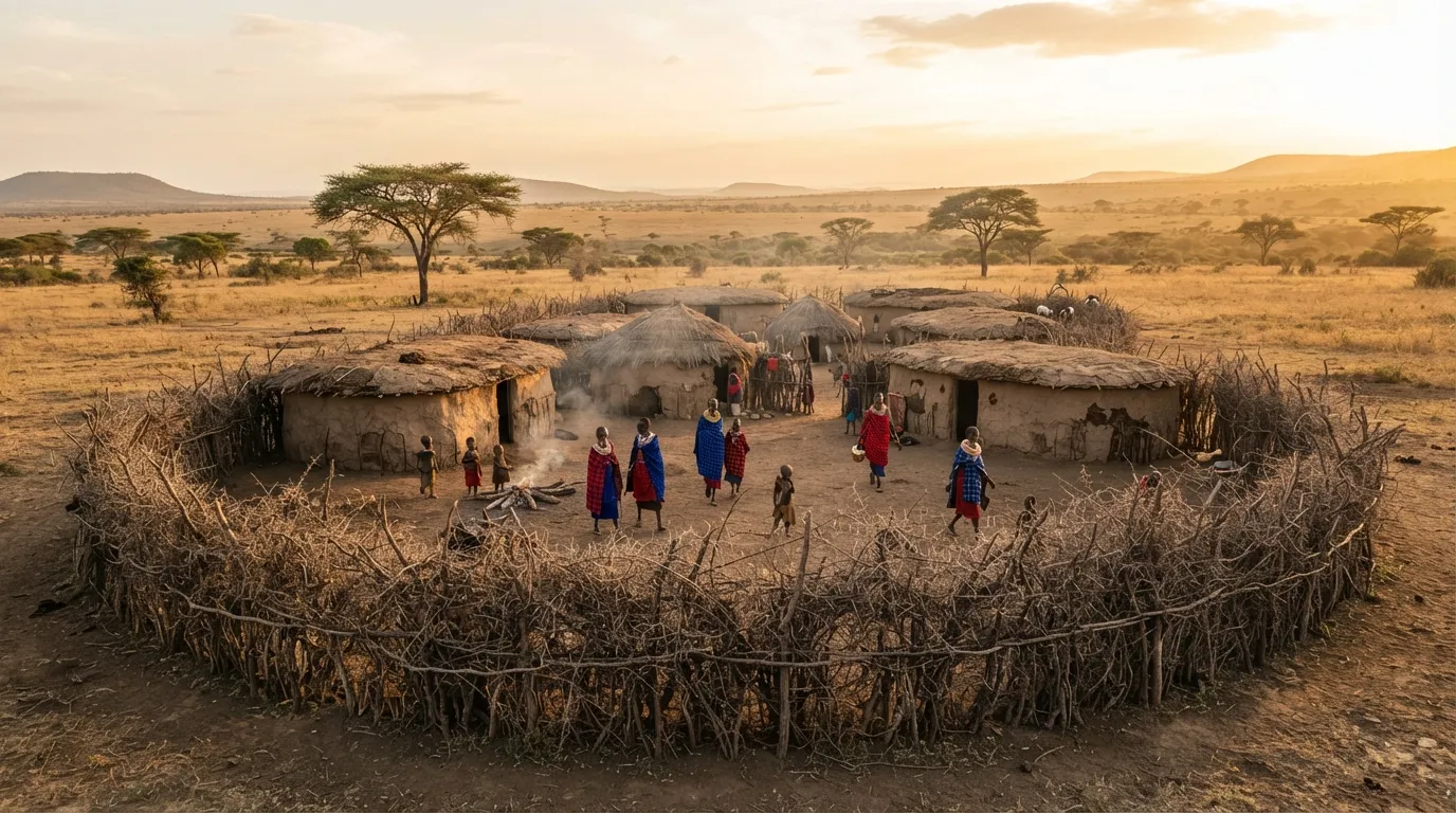 Un enclos circulaire fait de branches d'acacia épineuses entrelacées autour de huttes traditionnelles, savane à l'arrière-plan