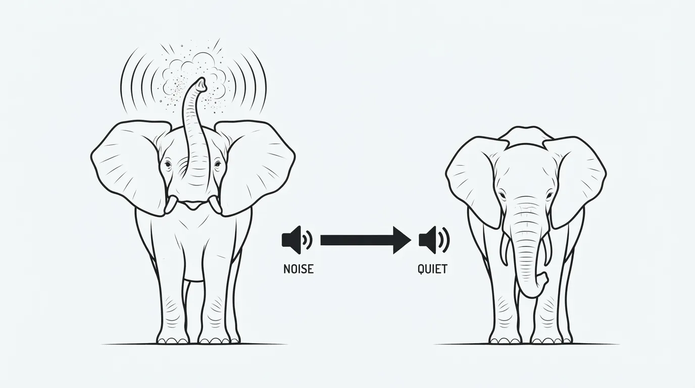 Deux silhouettes d'éléphant côte à côte : l'une oreilles écartées et trompe relevée en charge d'intimidation, l'autre oreilles plaquées en charge silencieuse réelle