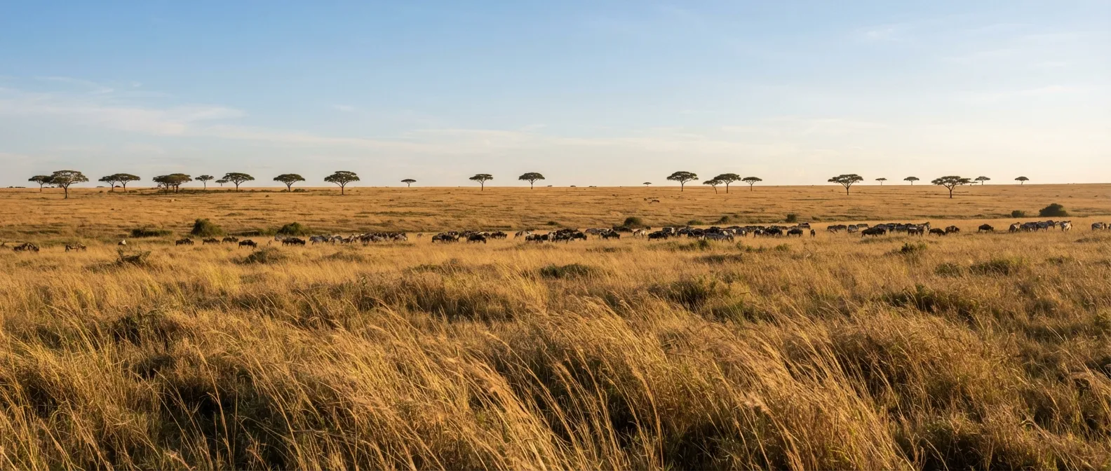Une plaine de savane africaine à la lumière dorée du soir, silhouettes d'acacias parasol, un troupeau lointain qui broute