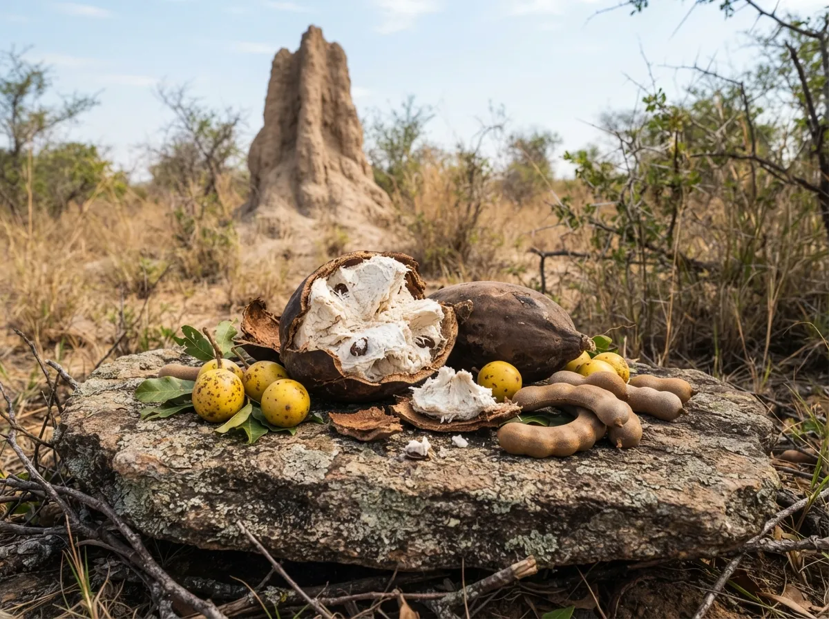Sur une pierre plate : fruits de baobab ouverts, amandes de marula, gousses de tamarin, une termitière en arrière-plan