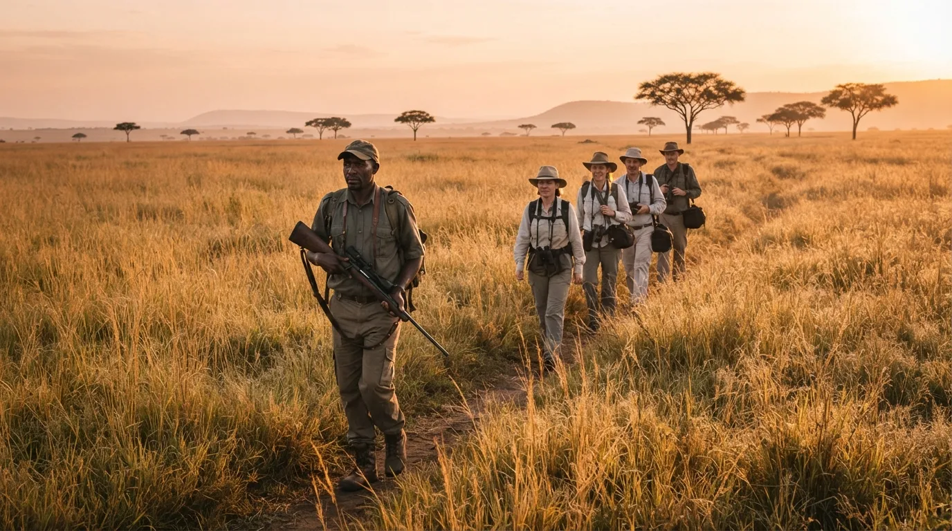 Un guide de safari armé marchant en tête d'un petit groupe silencieux à travers de hautes herbes de savane, à l'aube